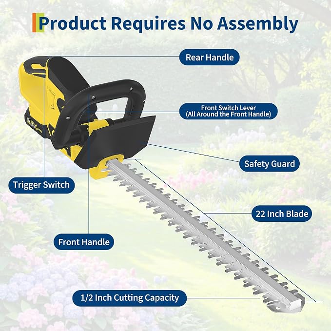 Hedge Trimmer Cordless, 22 Inch Electric Hedge Trimmer, 20V Bush Trimmers with 2 2.0Ah Batteries and Charger, Handheld Electric Trimmers, Lightweight and Easy to Use, for Garden, Horticulture, Lawns