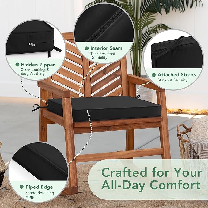 Outdoor Chair Cushions Set of 4: Waterproof & Color Fastness Seat Cushion for Patio Furniture - 22 x 22 x 3 Inch Chair Pads with Ties and Hidden Zipper - Patio Chair Cushion Replacement, Black