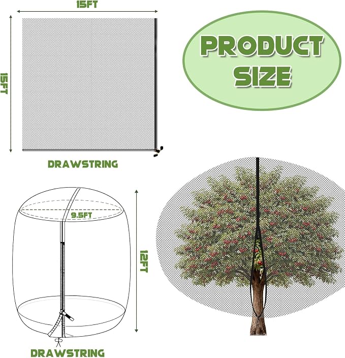 15ft x 15ft Extra Large Fruit Tree Netting Cover with Zipper and Drawstring Garden Plant Protector Bird Barrier for Blueberry Bushes Ultra Fine Mesh Garden Netting for Birds Squirrels Cicadas (Black)