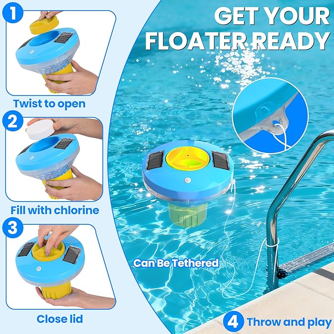 ChlorBlu Solar Chlorine Floater,Chlorine Floater with Colorful Lights,Large Capacity Floating Chlorine Dispenser for Pool,7.6" Pool Chlorine Floater,Button Control Chlorine Floater for Hot Tub(Yellow)
