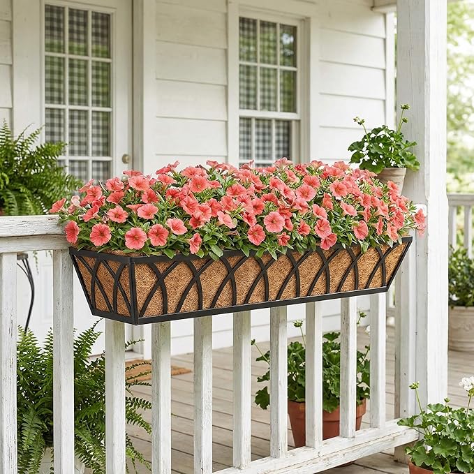 Y&M 6Pcs 30 Inch Deck Railing Planters Outdoor Balcony, Large Metal Window Box Deck Railing Planter with Coco Liner for Outdoor Balcony Porch Fence Patio Rail