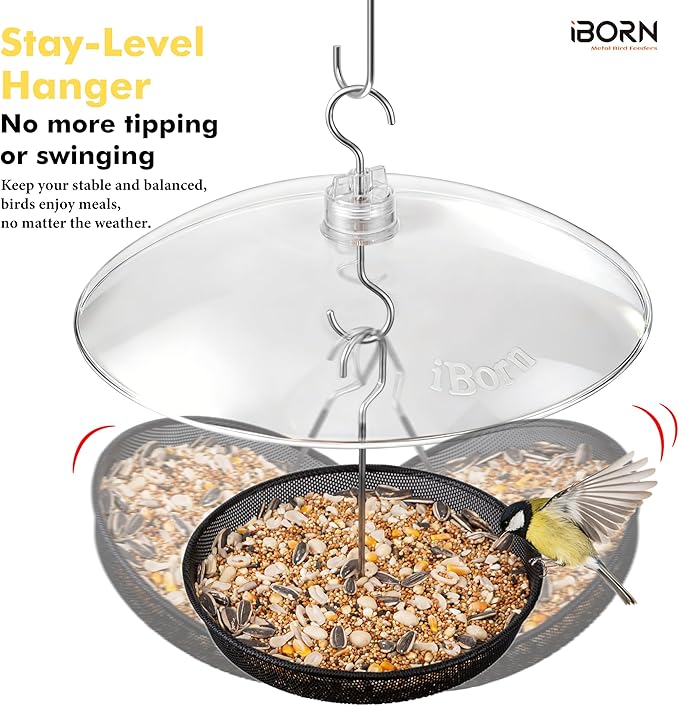 iBorn Hanging Bird Feeder Tray & Rainroof Cover, Bird Feeder Bowl with 13”Bird Feeder Cover for Rain Guard, Chew-Proof Polycarbonate & Thick Metal Hanger, Easy to Refill & Clean, Transparent & Black