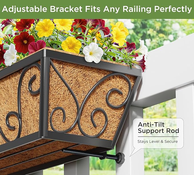 24 Inch Railing Planter Box 4 Pack, Adjustable Window Metal Box Planter with Coco Liner, Hanging Flower Planter for Balcony Deck Fence Porch Patio, Black