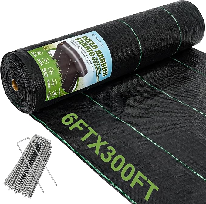 6ftx300ft Weed Barrier Landscape Fabric - 3.2oz Premium Heavy Duty Weed Block Ground Cover Mat with 90 U-Shaped Securing Pegs | Woven Geotextile Fabric for Weed Control Garden Cloth