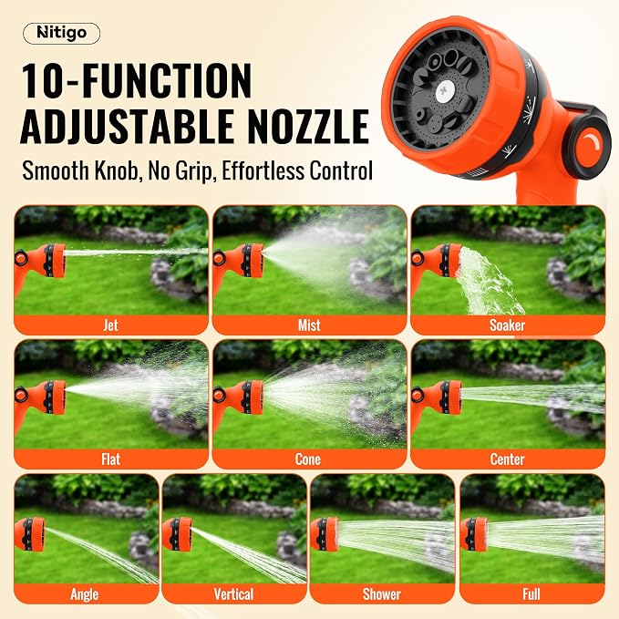 Nitigo Ultra Lightweight Garden Hose 50 FT, Non-Expanding Flexible Water Hose with 10-Function Sprayer, Kink-Free, Nylon Outer Layer, Burst 280 PSI for Outdoor Gardening, Pet Bathing (3/4" GHT)