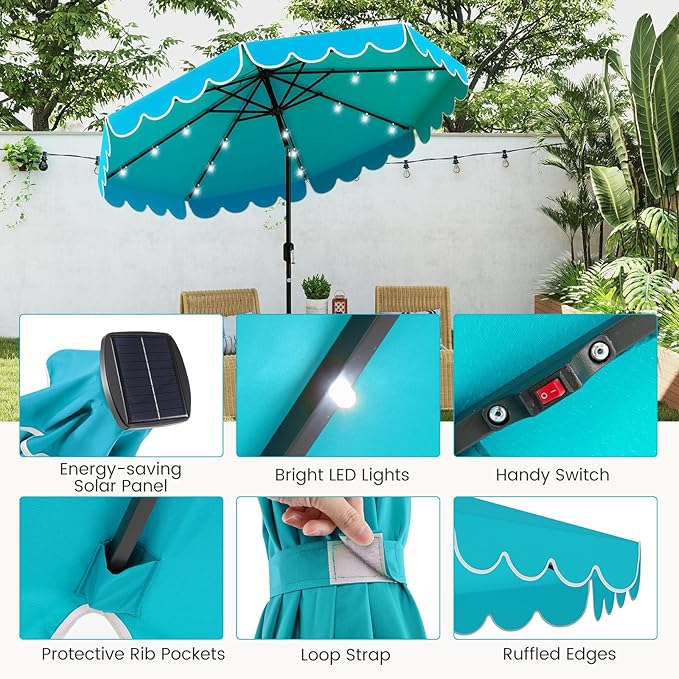 Tangkula 9 FT Solar Patio Umbrella, 2-Tiers Scalloped Outdoor Table Market Umbrella with 32 LED Lights, Vented Top, Tilt Adjustment, Crank, 8 Ribs for Backyard Poolside Deck Beach Lawn (Turquoise)