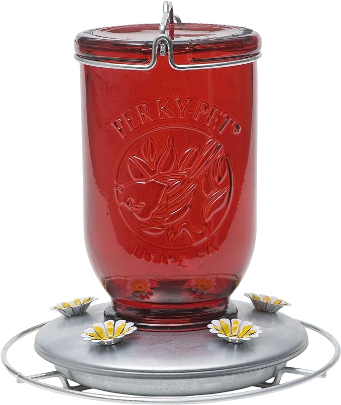 Perky-Pet Red Mason Jar Vintage Glass Hummingbird Feeder - Outdoor Garden Décor - 32-oz capacity, 786-1SR