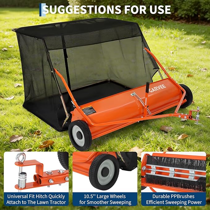 Garvee 52" Tow-Behind Lawn Sweeper – 27 cu.ft. Large-Capacity Pull-Behind Grass & Leaf Collector, Heavy-Duty Adjustable Height, Dumping Rope Design for Easy Debris Disposal, Fits Tractors & ATVs