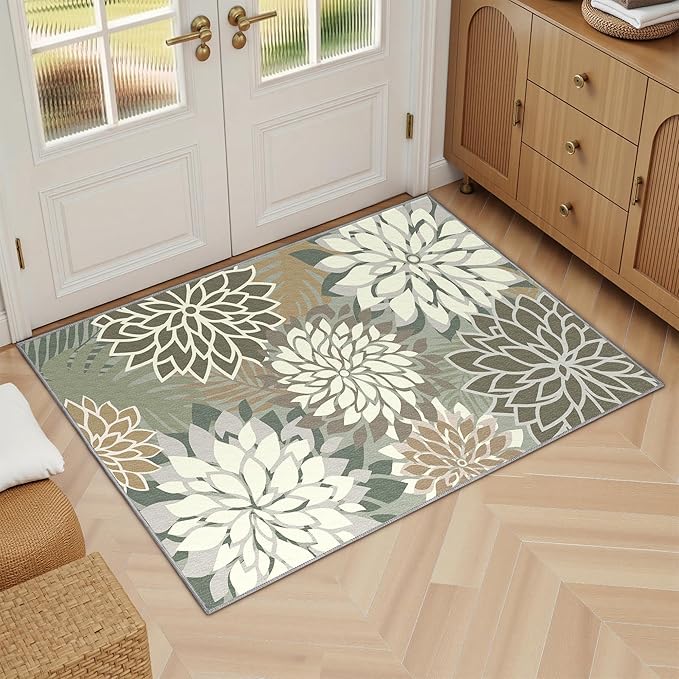 Arenarug 2x3 Washable Small Rug Tropical Botanical Modern Floral Indoor Chenille Door Mat Carpet Non Slip for Patio, Entry Way, Entrance, Porch, Taupe