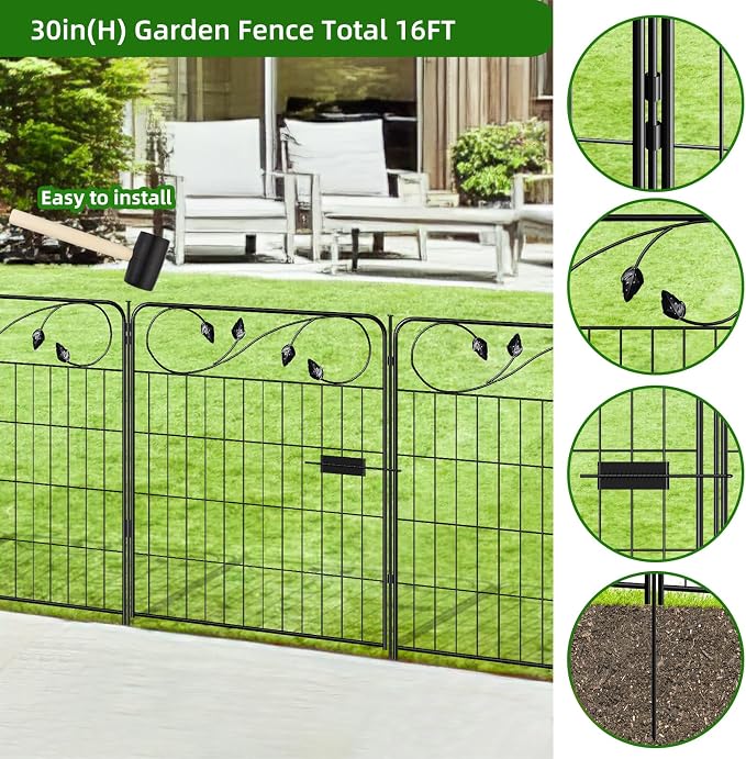 FOREHOGAR Decorative Metal Garden Fence 30in(H) X16ft(L) 1 gate+7 Panels Temporary Dog Fence Border for Landscape Patio Outdoor with gate, No dig Garden Fencing Gates for Yard