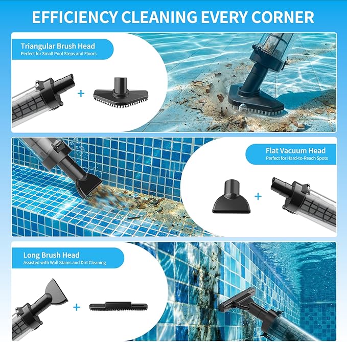 VERVEWAVE Handheld Hot Tub Vacuum, Cordless Small Pool Vacuum for Above Ground Pool with 3 Brush Heads & LED Light, Rechargeable Spa Vacuum Up to 90Mins Runtime, Ideal for Cleaning Small Debris Types