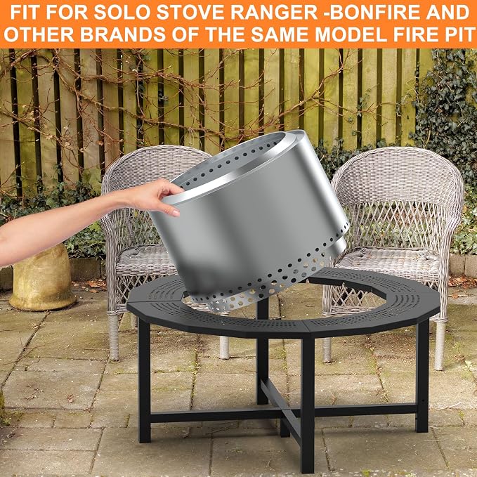Fire Pit Surround Tabletop for Solo Stove Bonfire, Tiki, Outdoor Smokeless Fire Pit Table for Wood Burning Fire Pits, Powder-Coated Steel Stove Table Surround with Cover for Solo Stove