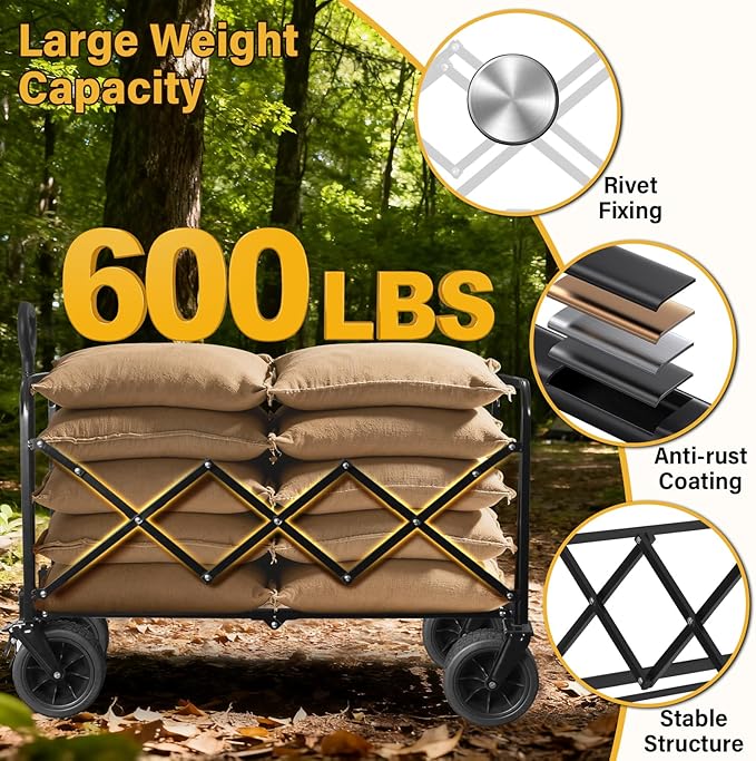 Foldable Wagon Cart with Wheels, Heavy Duty Collapsible Wagon, 600 lbs Capacity, 220L Large Capacity Utility Wagon, Dual Brakes & All-Terrain Wheels for Groceries, Beach, Camping, Apartment Moving