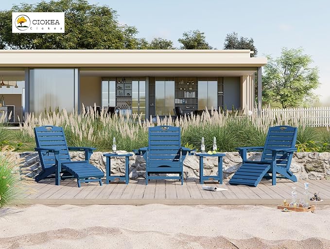 Ciokea Folding Adirondack Chair Set of 6 with Retractable Ottoman Fire Pit Patio Chair with Pull Out Foot Rest Weather Resistant Lawn Outdoor Chair with 2 Cup Holder (Navy Blue)