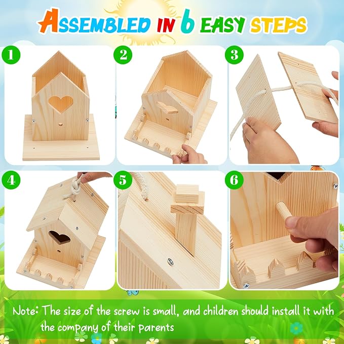 Juexica 4 Pack DIY Birdhouse Kits for Kids Ages 6+ Build and Paint Wooden Bird House Arts and Craft Project with Paint Strips Brushes for Boy Girl Adult Classroom Indoor Outdoor Crafts (Assorted)