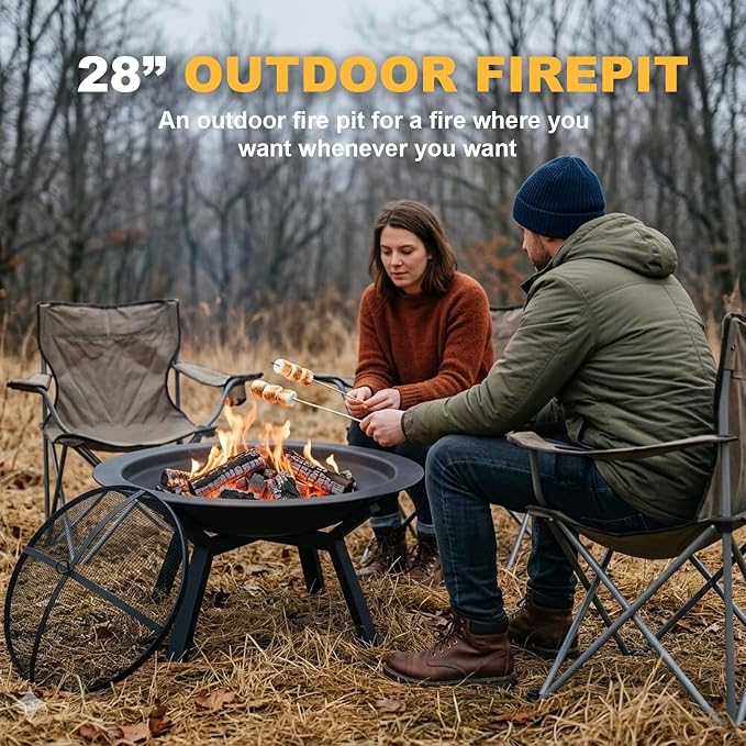 Outdoor Wood Burning Fire Pit, Heavy Duty Round Steel Fire Bowl for Backyard, Patio, Camping, Bonfire, Black Finish, with Mesh Spark Screen and Hook