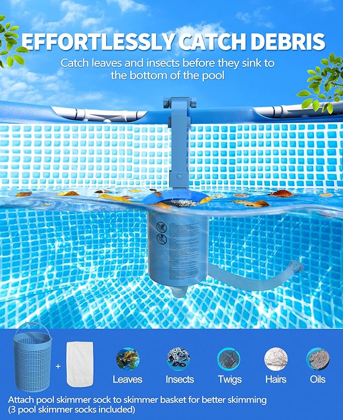 DeeprClean Upgrade Above Ground Pool Skimmer Comes with 3 Socks, Anti-tilt Wall Mount Surface Skimmer, Removable Skimmer Basket, Adjustable Height Bracket, Auto Skimming Pool Surface Leaves - Blue