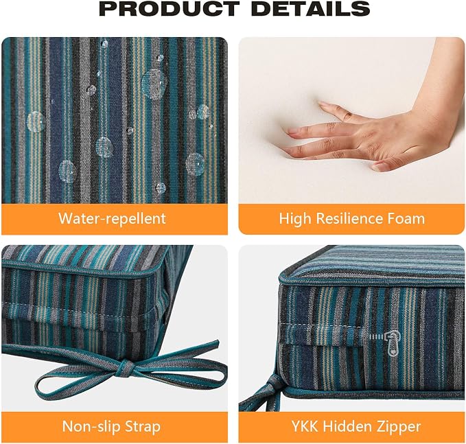 Unimatta Sunbrella Square Corner Seat Cushions, 19" x 19" x 3", Set of 4, Indoor Outdoor Water Repellent Universal Chair Pads with Ties for Patio Furniture, Garden Dining Chairs, Troupe Dock