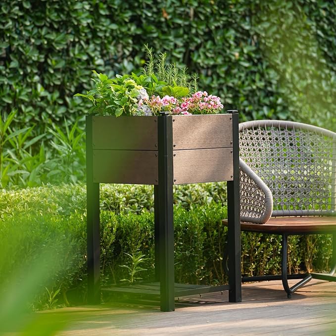 Garden Raised Bed with Shelf, 19*19*33.5in Deep Root Planter Box for Patio, Outdoor Herb with Bottom, Vegetable, and Flower Gardening - Durable Wooden Style Planter Box for Easy Mobility and Clearance