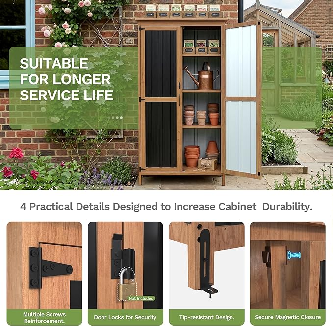 Greesum Outdoor Storage Cabinet with 3 Adjustable Shelves, Wood & Metal Garden Storage with Lockable Doors, Tall Weatherproof Shed for Tools, Lawn Equipment, Pool Accessories, Black