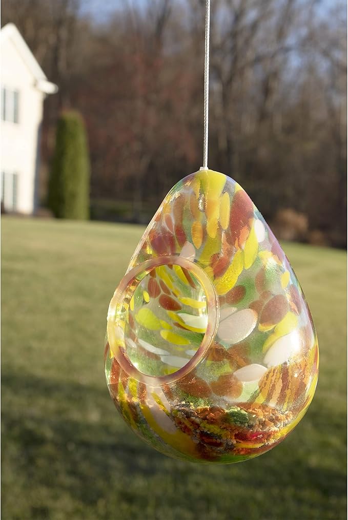 CLEVER GARDEN Glass Bird Feeder, Hanging Outdoor Decoration for Wild Birds, Yellow Teardrop
