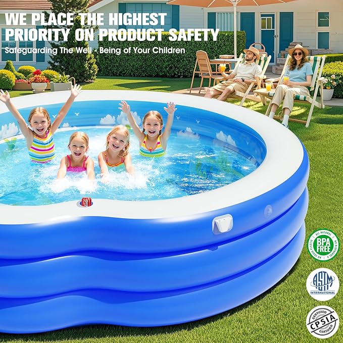 2026 Extra Large Upgraded Inflatable Pool with Canopy, Inflatable Family Lounge Pool, Round Blow Up Pool for Adult with Bench&Backrest,Swim Center Easy Backyard Pools for Kids & Adults, Blue