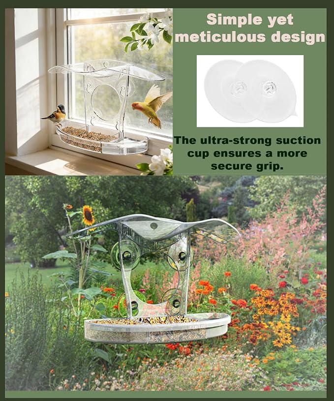 2PCS Clear Window Bird Feeder with Strong Suction Cups, Large Transparent Outdoor Type, Removable Seed Tray with Drainage Holes, Weatherproof & Sleek Streamlined Design, Ideal Gift for Bird Lovers (2)
