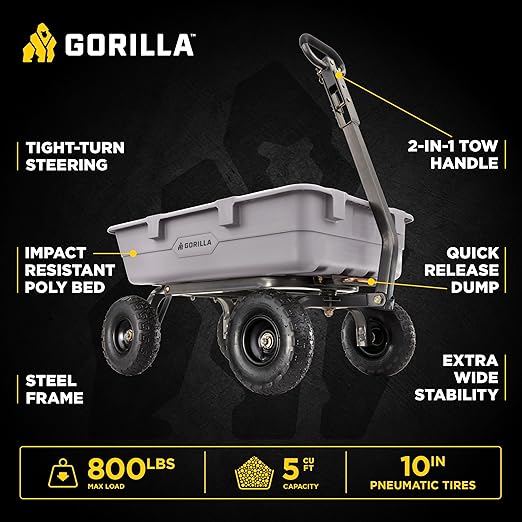 Gorilla Carts Heavy-Duty Poly Dump Cart, 5 Cu Ft Tub, 800 lb Haul Capacity, Gray – Towable Utility Wagon with Quick-Release Dumping & Pneumatic Tires for Yard, Landscaping and Gardening