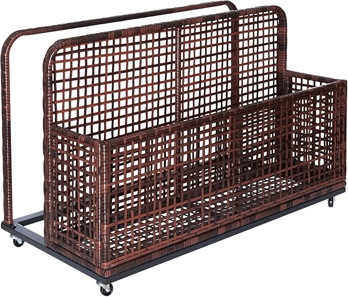 Outdoor Poolside Float Storage with Wheels, 43.3 x 22.5 x 28.7 Rolling PE Rattan Pool Caddy with Compartment & Basket, Portable Wicker Storage Organizer for Toys, Floats & Towels, Brown
