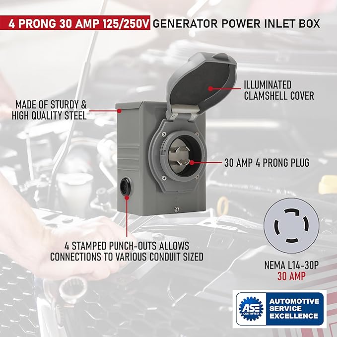 30 Amp Generator Inlet Box 4 Prong 125/250V - PB30, NEMA L14-30P Power Inlet Box - 7500 Watts Generator Inlet Plug for Outdoor Receptacle - Weatherproof Generator Outlet, ETL Listed