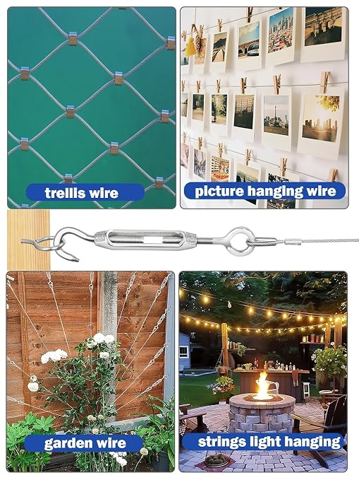 TooTaci M5 Turnbuckles for Cables Wire, 200ft 1/16 Stainless Steel Wire Rope with Tensioner Kit, 1/16 Vinyl Coated Steel Cable for Outdoor Lights Hanging, Climbing Plants, Trellis and Fences