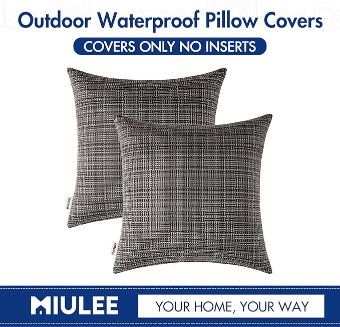 MIULEE Outdoor Waterproof Throw Pillow Covers Decorative Farmhouse Water Resistant Cushion Covers for Tent Patio Garden Couch Sofa Pack of 2, 16x16 Inch Gray