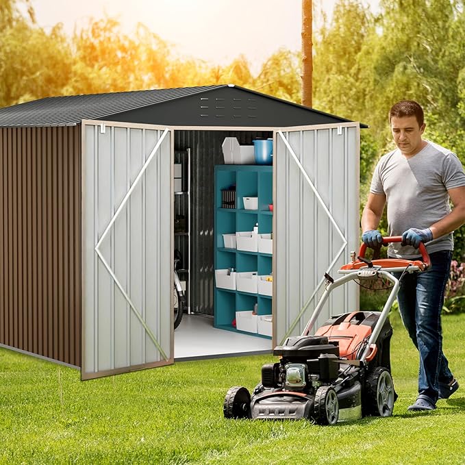 Outdoor Metal Storage Shed, 10x12ft Galvanized Steel Garden Tool Shed with Lockable Doors, Extra Large Outdoor Storage Sheds for Patio Lawn Backyard Outside Use, Brown