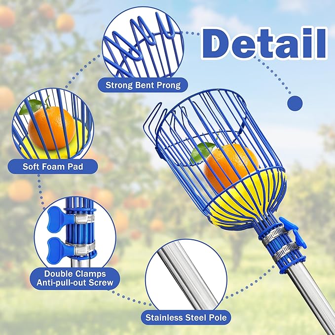 Fruit Picker Upgraded Round Claws Can Reduce Fruit Damage Lengths from 5 to 13 Feet Fruit Picker Pole with Basket Adjustable Suitable for Cherry Lemon Pear Mango Trees and More(160inch)
