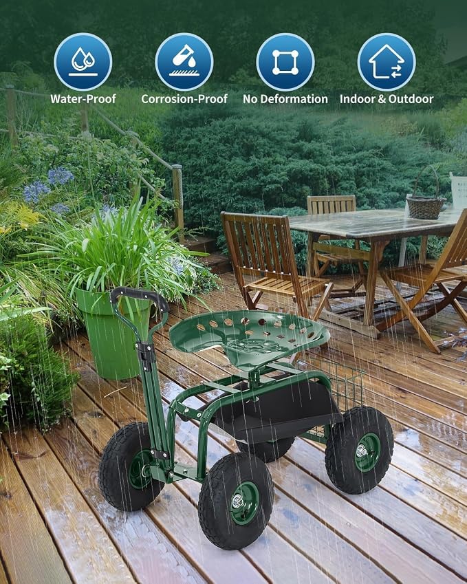 Garvee Heavy Duty Garden Seat, Garden Scooter Rolling Work Seat, 360° Swivel with 10-Inch All-Terrain Inflatable Tires, Extendable Steering Handle & Metal Tool Tray for Planting, Weeding, Yard Work