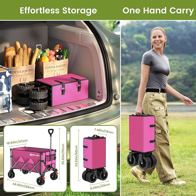 Blomoba Collapsible Wagon Cart, 150L Heavy Duty Foldable Beach Wagon with Wider Wheels & Auto-Rebound Handle, Utility Grocery Shopping Cart for Garden, Shopping, Camping, Sports, Pink