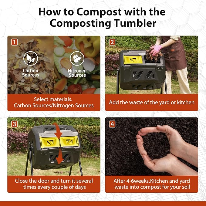 Compost Bin Outdoor, 43-Gal Dual Chamber with Steel Frame, Lagre Compost Tumbler with 2 Sliding Door and Aeration System, 360° Rotating, Tumbling Composter Bin for Kitchen, Garden, Yard, Black Yellow