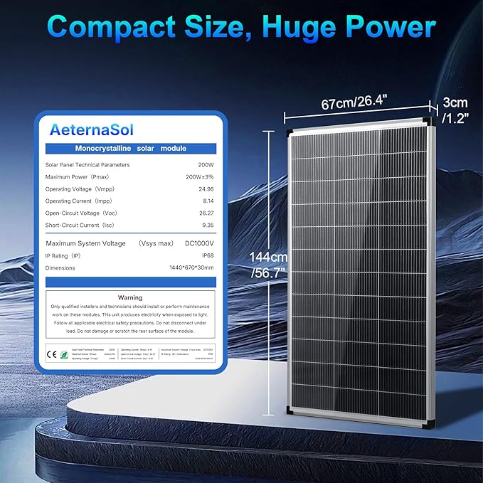 200w Solar Panel,200 watt Solar Panel 12v n Type 18bb Solar Panels A+ Grade PV Module IP68 Waterproof,25% high Efficiency Solar Cell 200w Solar Panels for Off Grid RV Boat Rooftop Camper