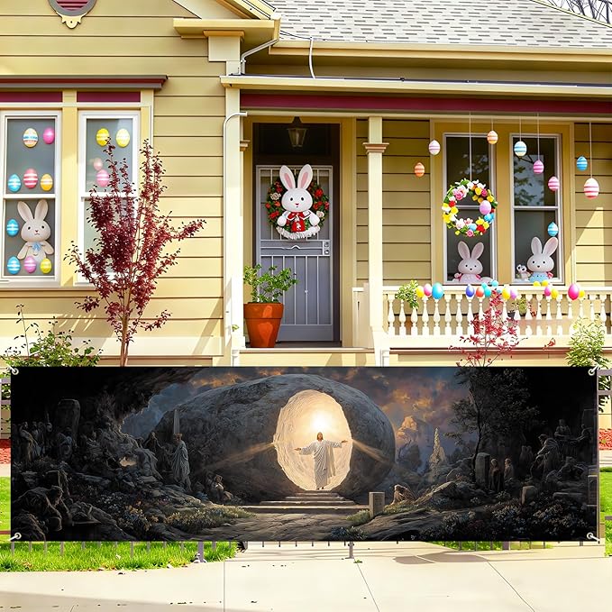 Christian Easter Resurrection Fence Banner 118 x 35 Inch, Large Waterproof Outdoor Religious Banner with Empty Tomb Scene for Yard Church Fence Decorations