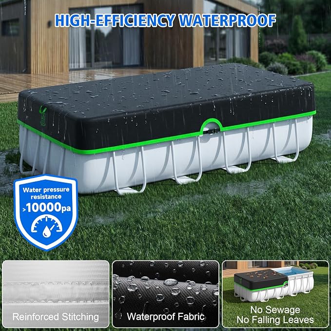 9x18 ft Rectangular Pool Cover for Above Ground Pools, 420D Rectangle Solar Pool Cover with Sturdy Strap Tensioner & Reflective Handles, Enhance Windproof, Tear & UV Resistant, Weather Protection