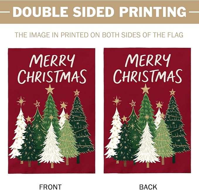 Merry Christmas House Flag 28x40 Inch Dark Red Green Xmas Tree Holiday Winter Decorative Garden Flags for Outside Double Sided Seasonal Outdoor Home Farmhouse Decoration Porch Yard New Year Decor