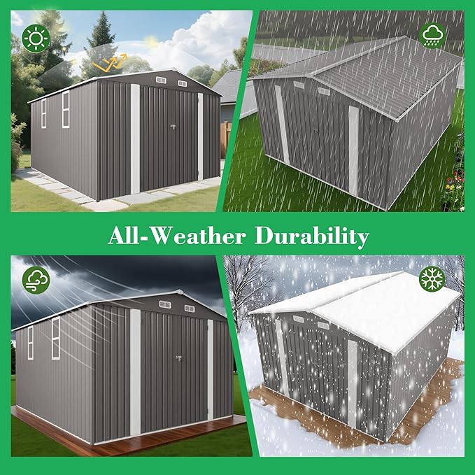 YOPTO 10x12 FT Outdoor Storage Shed,Large Metal Garden Shed with Double Door and Two Windows Waterproof Tool Shed for Backyard Patio Lawn Poolside,Grey