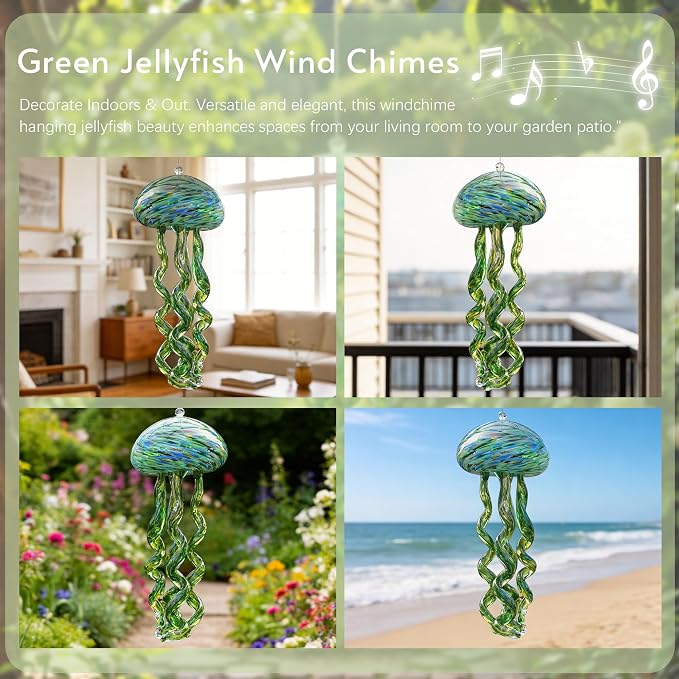H&D HYALINE & DORA Sea Blown Glass Wind Chimes for Outside Jellyfish Wind Chimes 10 Inch Ocean Beach Themed Chime Gift Sea Glass Hanging Decor for Patio, Window & Garden