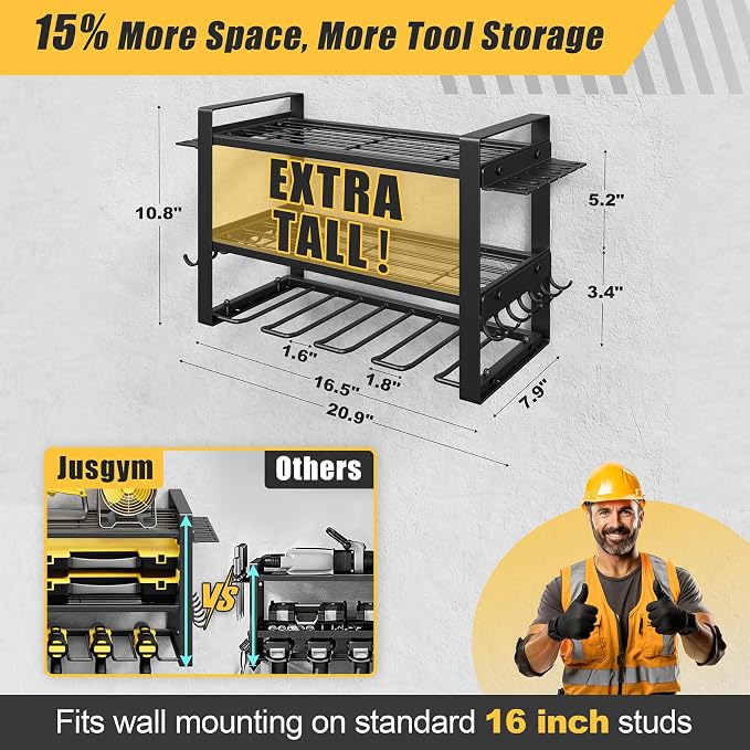 Jusgym Power Tool Organizer Wall Mount |150lbs Garage Tool Storage Rack with 4 Cordless Drill Holder |3-Tier Heavy Duty Garage Organization |Gifts for Men