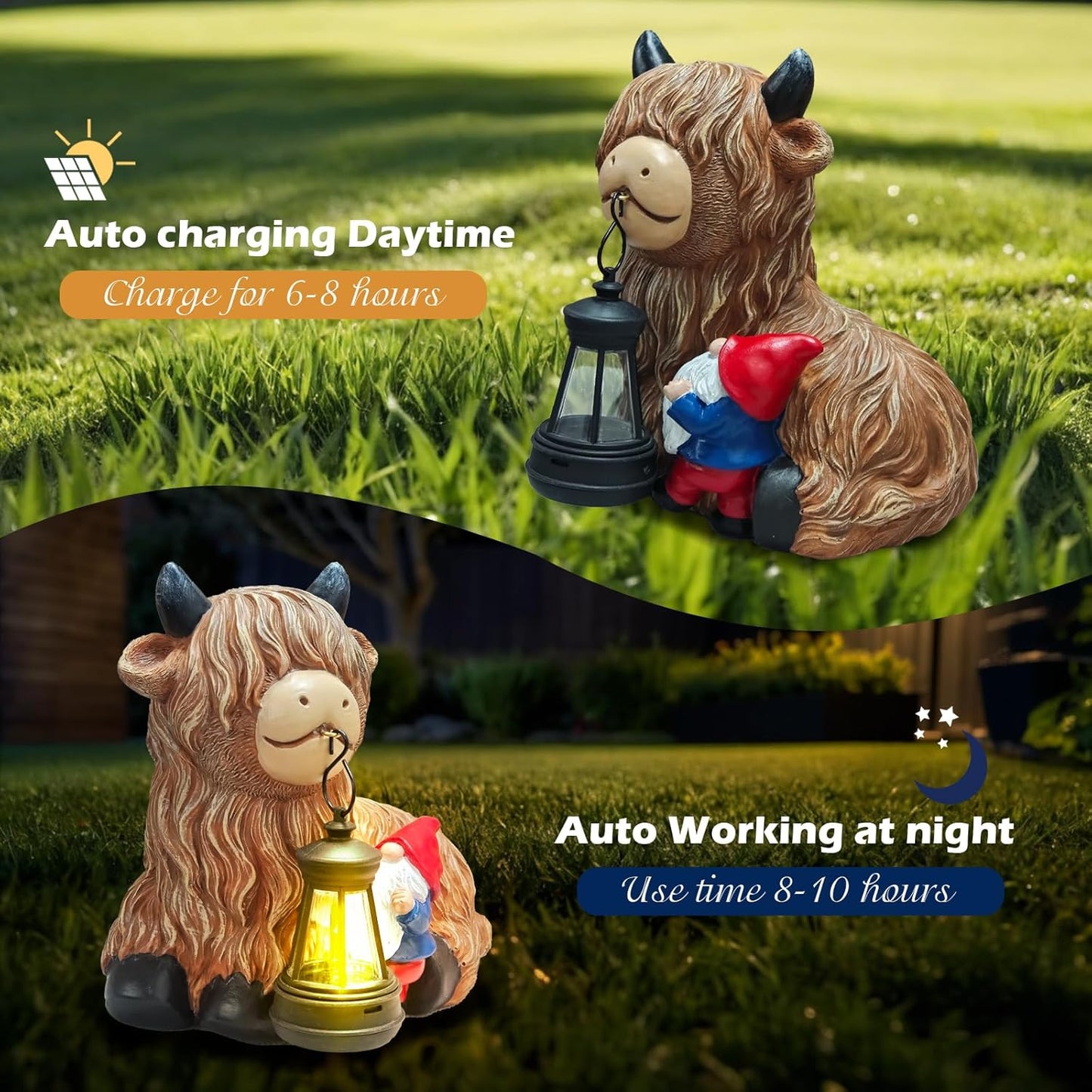 Highland Cow Gnome Solar Statues Decor - Garden Gnomes Statues Highland Cattle Mouth with Lights, Outdoor Ornaments Funny Decoration for Yard, Patio, Unique Gifts Birthday for Women, Mother Day