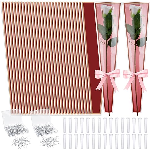 Outus Flower Bouquet Accessories 200 Pcs Single Rose Sleeves with 200 Floral Water Tubes and 200 Crystal Diamond Head Bouquet Pins for Valentine's Day Mother's Days Supplies Graduation(Red)