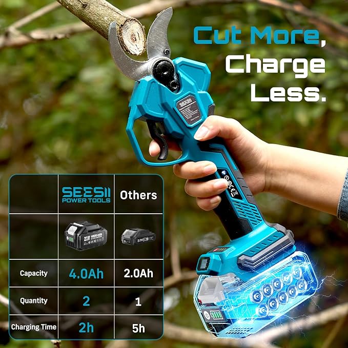 SEESII Electric Pruning Shears for Gardening: 1.8” Cutting Cordless Power Pruner - Brushless Motor, Dual 4.0Ah Battery, 4 Levels Adjustable Extra SK5 Blade Branches Cutter For Tree & Flower Trimming
