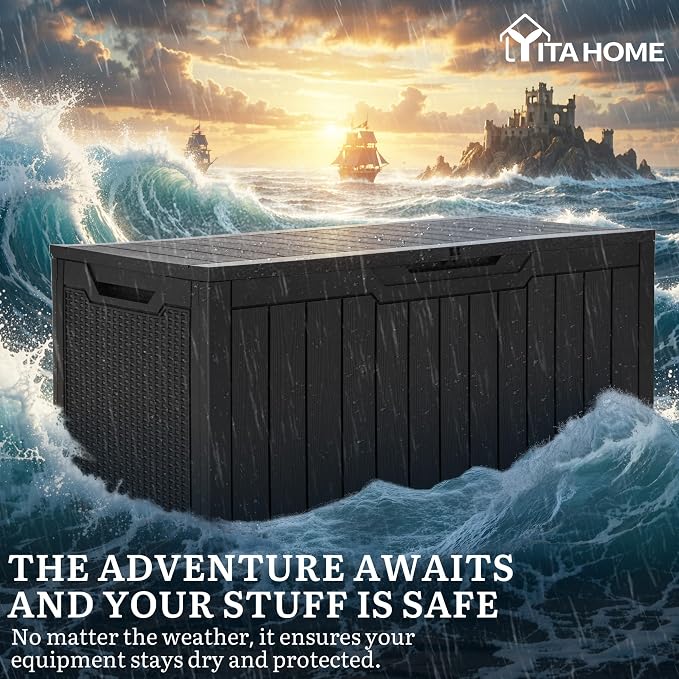 YITAHOME 100 Gallon Large Outdoor Deck Box, Waterproof Resin Storage Box, Lockable Indoor Outdoor Storage Container for Patio Furniture Cushions, Pool Accessories, Garden Tools, Black