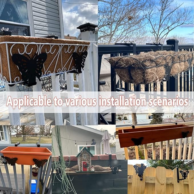 VIVIKEN Planter Box Bracket, Adjustable Hang Window Box Holder with Butterfly, Hanging Flower Pot Stand Brackets for Outdoor Patio Garden Fence Pergola Balcony Supporting Heavy Planters-4Pack