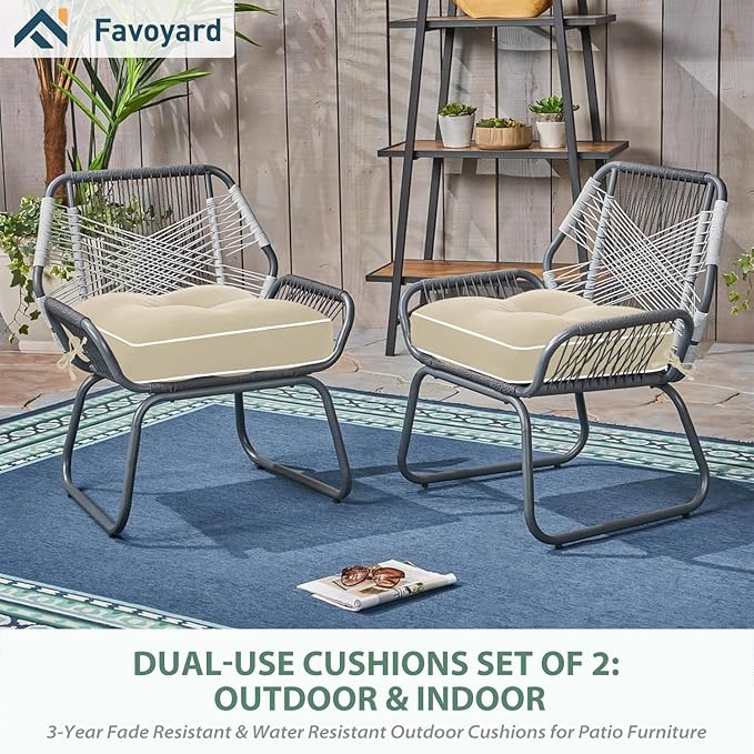 Favoyard Patio Chair Cushions 19 × 19 Inch Water Resistant & 3-Year Color Fastness Outdoor Chairs Cushion for Seat Dining Rocking Wicker Chair Cushion With Tie Straps Tufted Square Pads, Beige, 2 Pack
